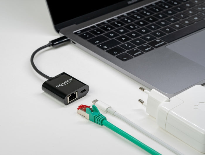 Delock USB Type-C™ Adapter zu Gigabit LAN 10/100/1000 Mbps mit Power Delivery Anschluss schwarz