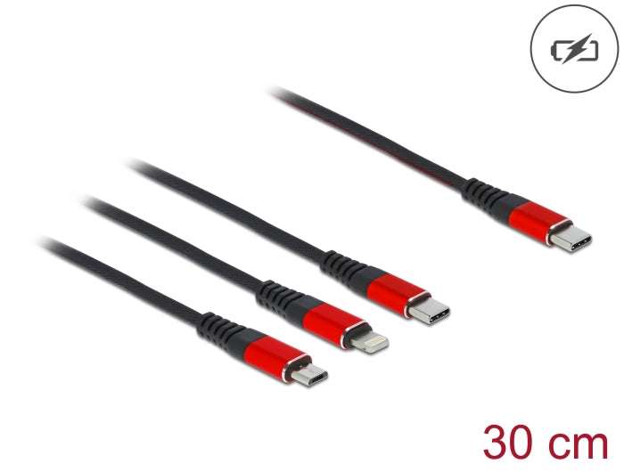 Delock USB Ladekabel 3 in 1 USB Type-C™ zu Lightning™ / Micro USB / USB Type-C™ 30 cm schwarz / rot