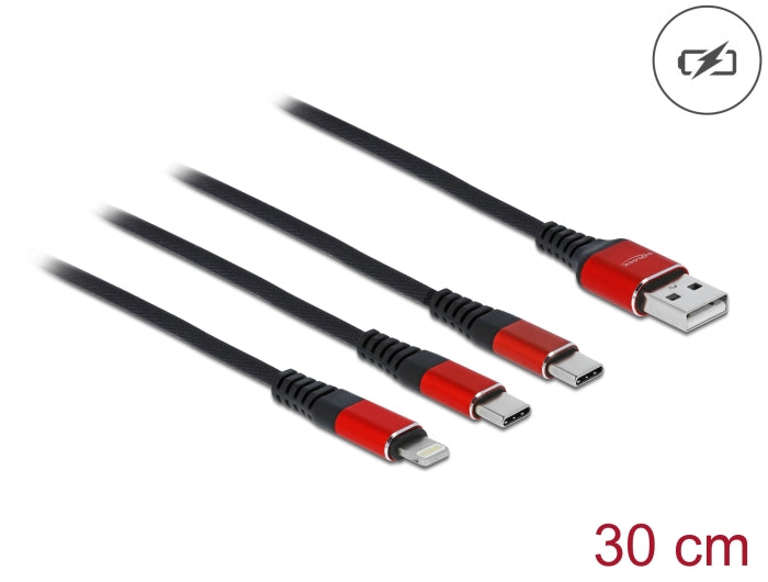 Delock USB Ladekabel 3 in 1 Typ-A zu Lightning™ / 2 x USB Type-C™ 30 cm schwarz / rot