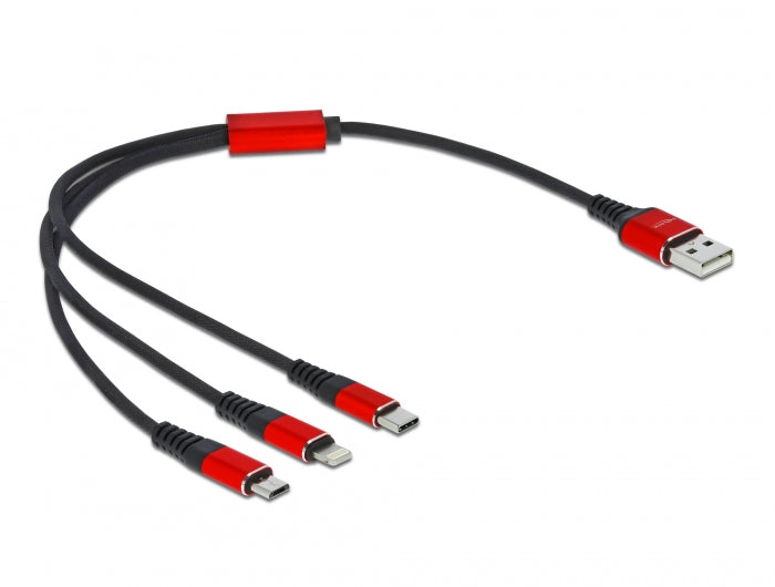 Delock USB Ladekabel 3 in 1 Typ-A zu Lightning™ / 2 x USB Type-C™ 30 cm schwarz / rot
