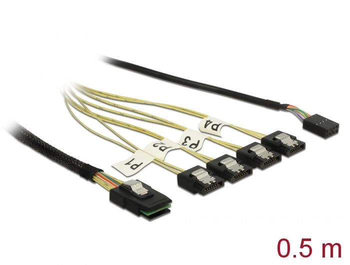 Delock Kabel Mini SAS SFF-8087 > 4 x SATA 7 Pin + Sideband 0,5 m Metall