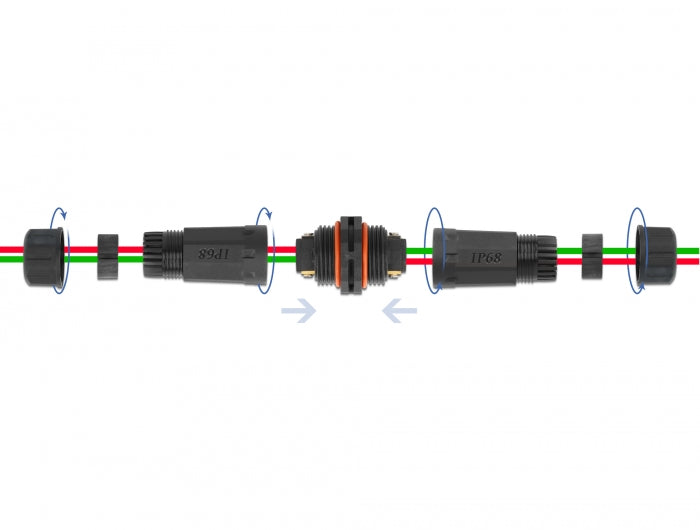 Delock Kabelverbinder für Außenbereich 2 Pin, IP68 wasserdicht, schraubbar, Kabeldurchmesser 4,5 - 7,5 mm schwarz
