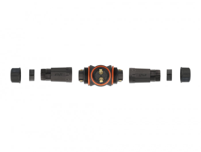 Delock Kabelverbinder T-Form für Außenbereich 2 Pin, IP68 wasserdicht, schraubbar, Kabeldurchmesser 4,5 - 7,5 mm schwarz