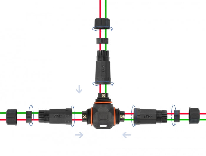 Delock Kabelverbinder T-Form für Außenbereich 2 Pin, IP68 wasserdicht, schraubbar, Kabeldurchmesser 4,5 - 7,5 mm schwarz