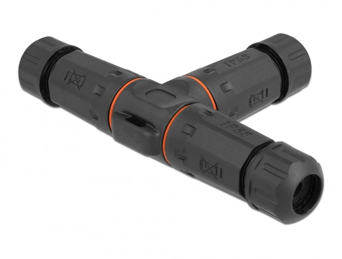 Delock Kabelverbinder T-Form für Außenbereich 4 Pin, IP68 wasserdicht, schraubbar, Kabeldurchmesser 4,5 - 7,5 mm schwarz