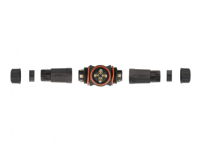 Delock Kabelverbinder T-Form für Außenbereich 4 Pin, IP68 wasserdicht, schraubbar, Kabeldurchmesser 4,5 - 7,5 mm schwarz