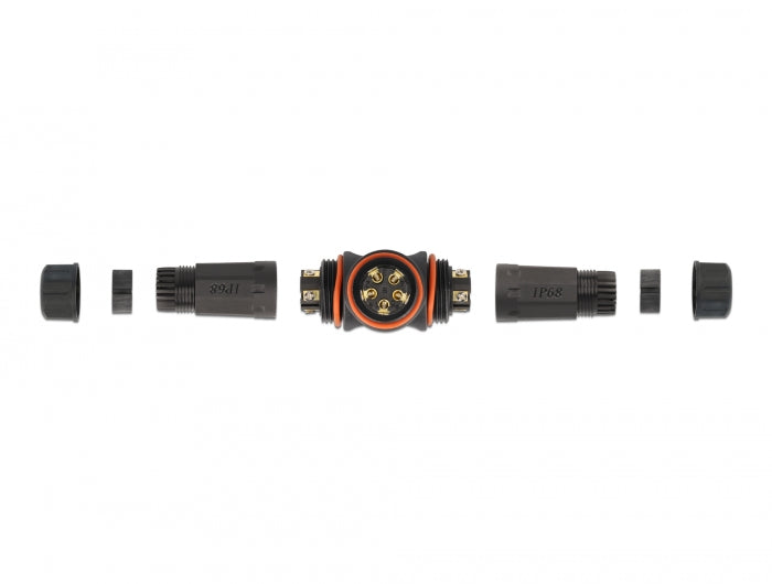 Delock Kabelverbinder T-Form für Außenbereich 5 Pin, IP68 wasserdicht, schraubbar, Kabeldurchmesser 4,5 - 7,5 mm schwarz