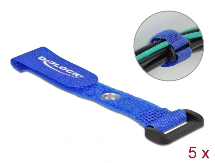 Delock Klett-Kabelbinder mit Schlaufe und Befestigungsöse L 150 x B 20 mm blau 5 Stück