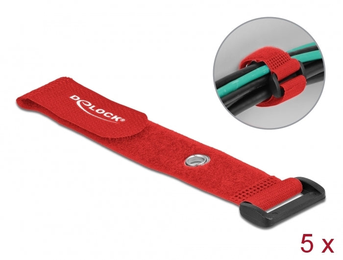 Delock Klett-Kabelbinder mit Schlaufe und Befestigungsöse L 190 x B 25 mm rot 5 Stück