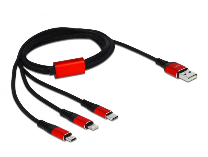 Delock USB Ladekabel 3 in 1 Typ-A zu Lightning™ / Micro USB / USB Type-C™ 1 m schwarz / rot