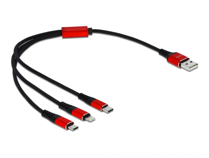 Delock USB Ladekabel 3 in 1 Typ-A zu Lightning™ / Micro USB / USB Type-C™ 30 cm schwarz / rot