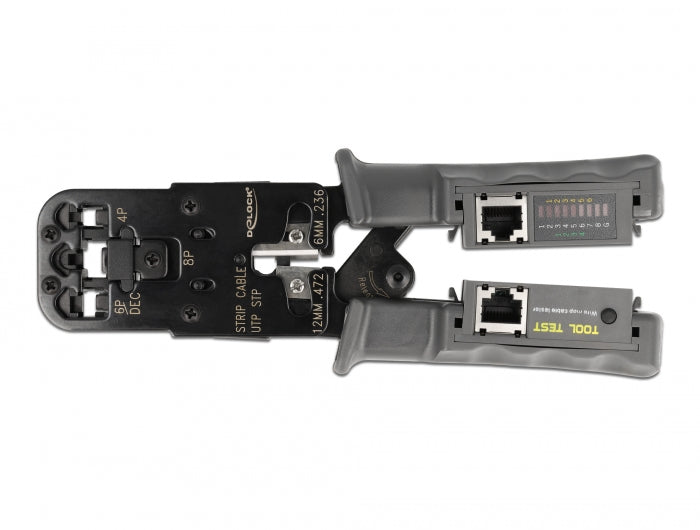 Delock Crimpzange mit Abisolierer und Netzwerktester für 8P (RJ45), 6P (RJ12/11), 6P DEC oder 4P (RJ10) Stecker