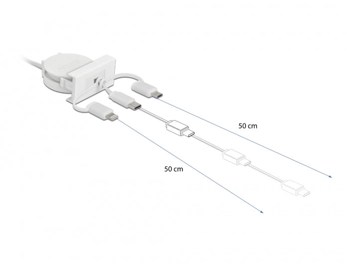 Delock Easy 45 Modul USB 2.0 3 in 1 Aufrollkabel USB Typ-A zu USB-C™, Micro USB und Lightning weiß