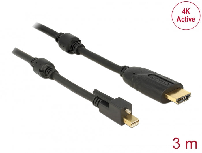 Delock Kabel mini DisplayPort 1.2 Stecker mit Schraube > HDMI Stecker 4K Aktiv schwarz 3 m