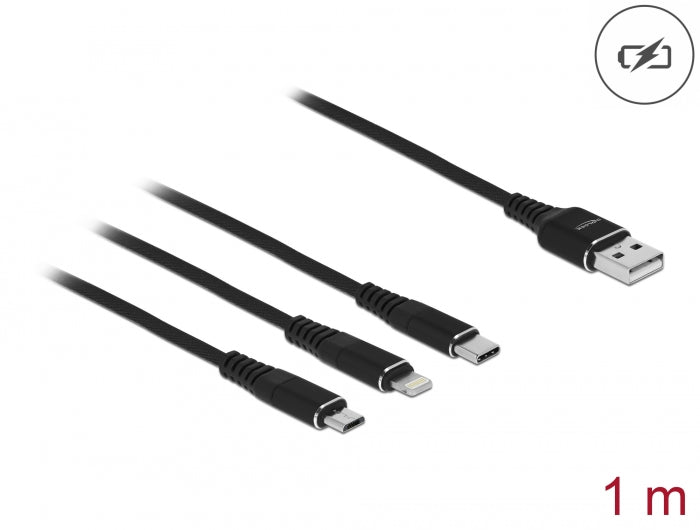 Delock USB Ladekabel 3 in 1 Typ-A zu Lightning™ / Micro USB / USB Type-C™ 1 m schwarz