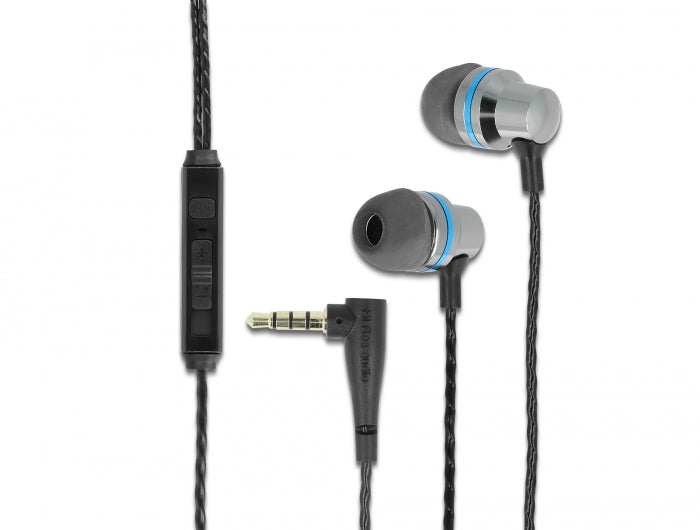Delock In-Ear Kopfhörer mit 4 Pin 3,5 mm Klinkenstecker, Mikrofon und Lautstärkeregler + Quick-Mute Funktion für Smartphones und Tablets