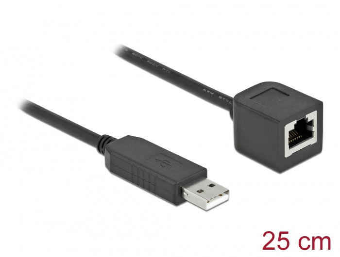 Delock Serielles Anschlusskabel mit FTDI Chipsatz, USB 2.0 Typ-A Stecker zu RS-232 RJ45 Buchse 25 cm schwarz