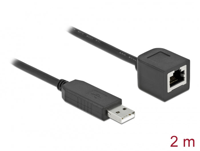 Delock Serielles Anschlusskabel mit FTDI Chipsatz, USB 2.0 Typ-A Stecker zu RS-232 RJ45 Buchse 2 m schwarz