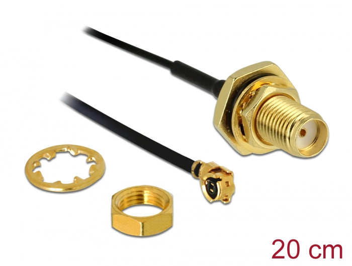 Delock Antennenkabel SMA Buchse zum Einbau zu I-PEX Inc., MHF® I Stecker 1.13 20 cm Gewindelänge 10 mm spritzwassergeschützt