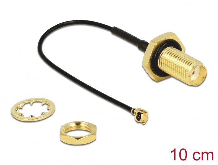 Delock Antennenkabel SMA Buchse zum Einbau zu I-PEX Inc., MHF® I Stecker 1.13 10 cm Gewindelänge 10 mm spritzwassergeschützt