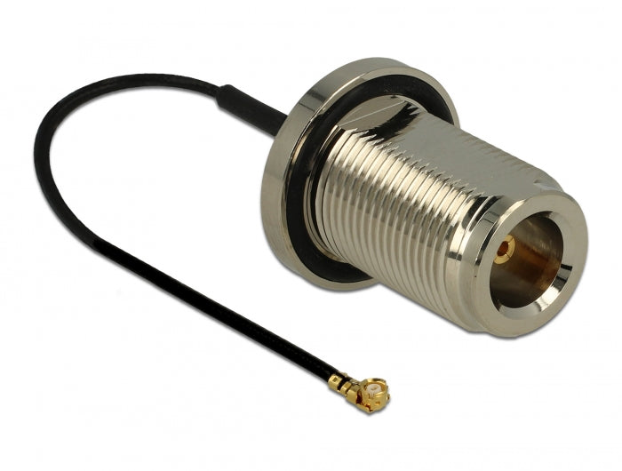 Delock Antennenkabel N Buchse zum Einbau zu I-PEX Inc., MHF® I Stecker 1.37 13 cm Gewindelänge 22 mm spritzwassergeschützt