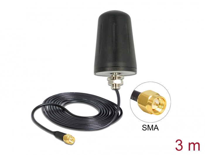 Delock WLAN 802.11 b/g/n Antenne SMA Stecker 2 dBi omnidirektional mit Anschlusskabel (RG-174, 3 m) Dachmontage outdoor schwarz