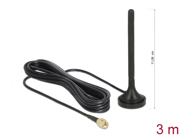 Delock LTE Antenne SMA Stecker 2 dBi starr omnidirektional mit magnetischem Standfuß und Anschlusskabel RG-174 3 m outdoor schwarz