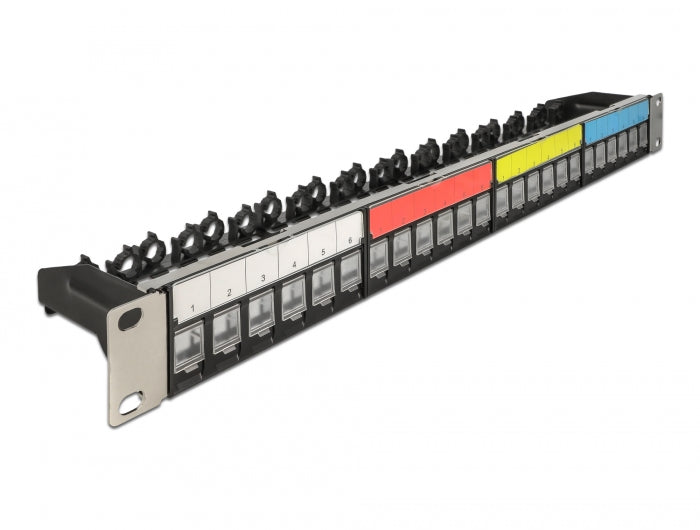 Delock 19″ Keystone Patchpanel 24 Port mit Kabelbefestigungsschiene, Beschriftungsfeld und Staubschutz 1 HE schwarz