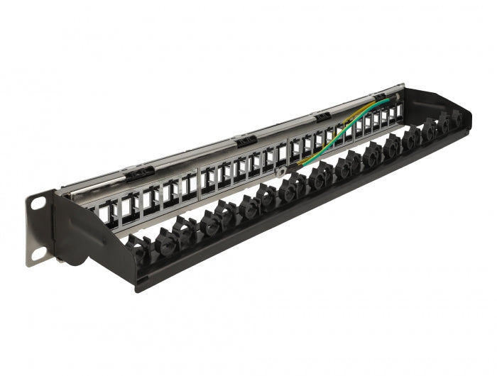 Delock 19″ Keystone Patchpanel 24 Port mit Kabelbefestigungsschiene, Beschriftungsfeld und Staubschutz 1 HE schwarz