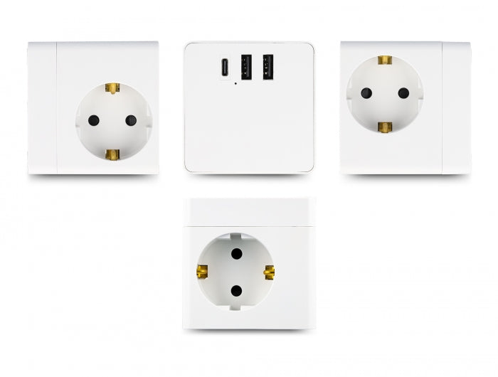 Delock Steckdosenwürfel mit Verlängerungskabel 3-fach mit Kindersicherung und USB Ladegerät, 1,5 m Kabel, weiß
