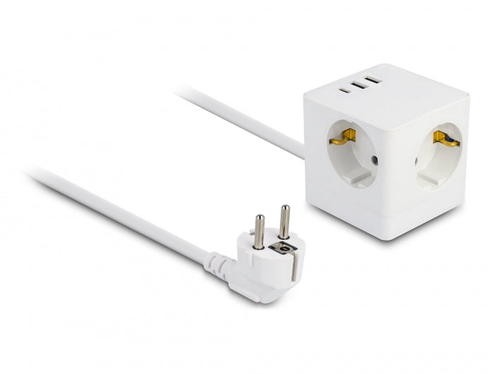 Delock Steckdosenwürfel mit Verlängerungskabel 3-fach mit Kindersicherung und USB Ladegerät, 1,5 m Kabel, weiß