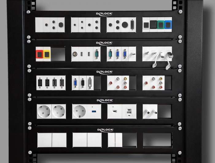 Delock Easy 45 19″ Patchpanel Ausschnitt 4 x 90,5 x 45,2 mm, 2 HE, schwarz