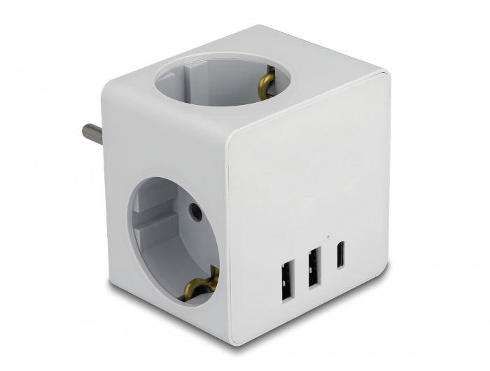 Delock Steckdosenwürfel 3-fach mit Kindersicherung und USB Ladegerät weiß