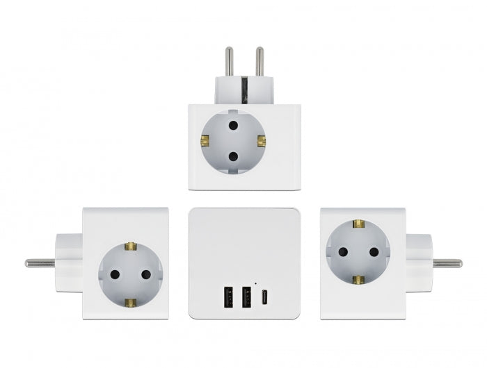 Delock Steckdosenwürfel 3-fach mit Kindersicherung und USB Ladegerät weiß