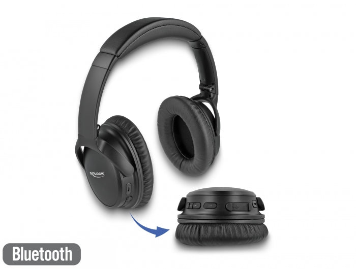 Delock Bluetooth 5.0 Kopfhörer Over-Ear faltbar mit integriertem Mikrofon und intensivem Bass, bis zu 20 Stunden Laufzeit