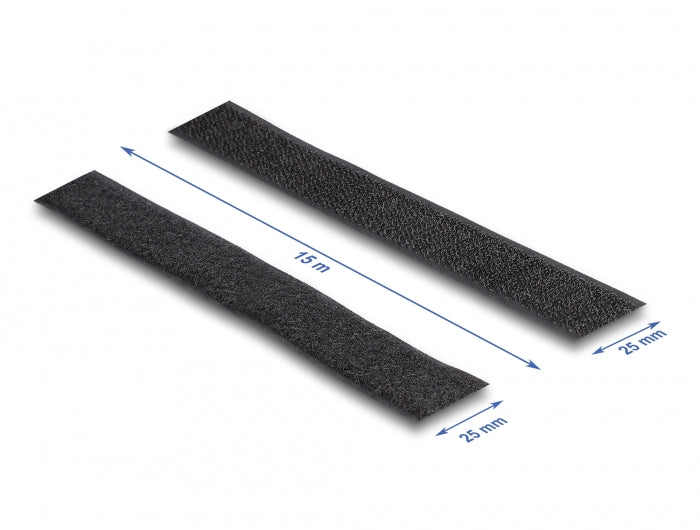 Delock Strapazierfähiges Klettband selbstklebend mit Haft- und Flauschband L 15 m x B 25 mm schwarz