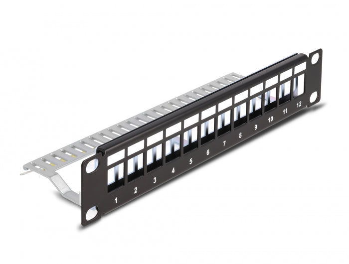 Delock 10″ Keystone Patchpanel 12 Port mit Entlastungsschiene 1 HE schwarz