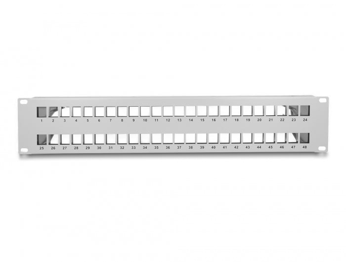 Delock 19″ Keystone Patchpanel 48 Port mit Entlastungsschienen 2 HE grau