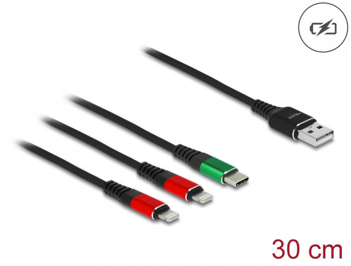 Delock USB Ladekabel 3 in 1 Typ-A zu 2 x Lightning™ / USB Type-C™ 30 cm