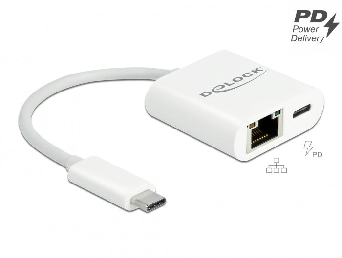 Delock USB Type-C™ Adapter zu Gigabit LAN 10/100/1000 Mbps mit Power Delivery Anschluss weiß
