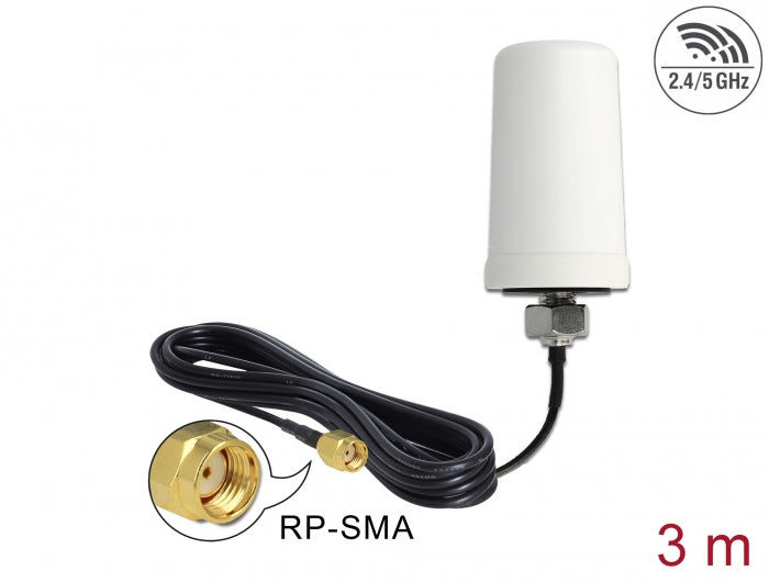 Delock WLAN Antenne RP-SMA 802.11 ac/a/h/b/g/n 0 dBi 3 m ULA100 omnidirektional weiß Outdoor
