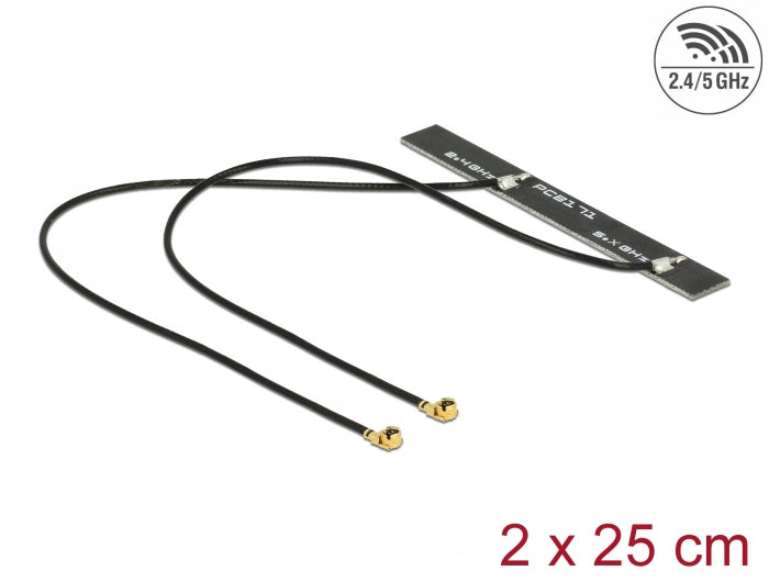 Delock Dualband WLAN WiFi 6 Doppelantenne 2 x I-PEX Inc., MHF® I Stecker 5 dBi 2 x 50 cm PCB intern Klebemontage