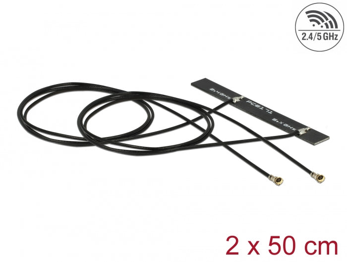 Delock Dualband WLAN WiFi 6 Doppelantenne 2 x I-PEX Inc., MHF® 4L Stecker 3 - 5 dBi 1.13 2 x 50 cm PCB intern Klebemontage