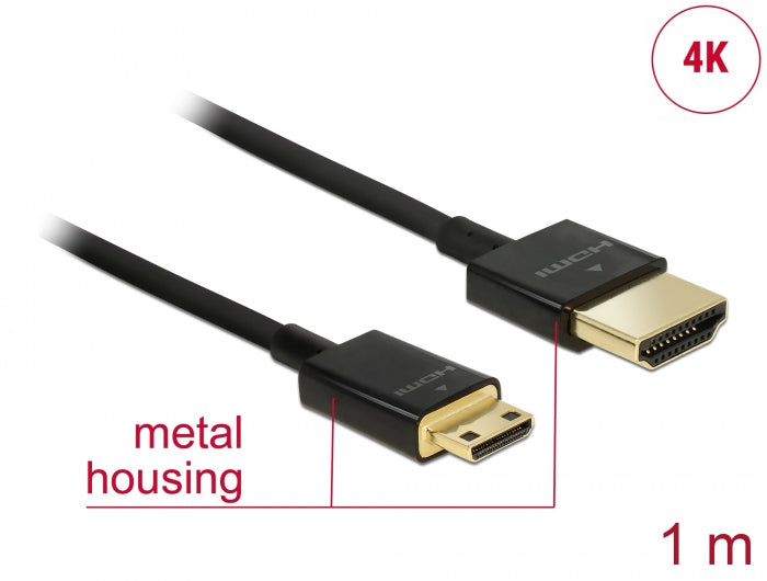 Delock Kabel High Speed HDMI mit Ethernet - HDMI-A Stecker > HDMI Mini-C Stecker 3D 4K 1 m Slim High Quality