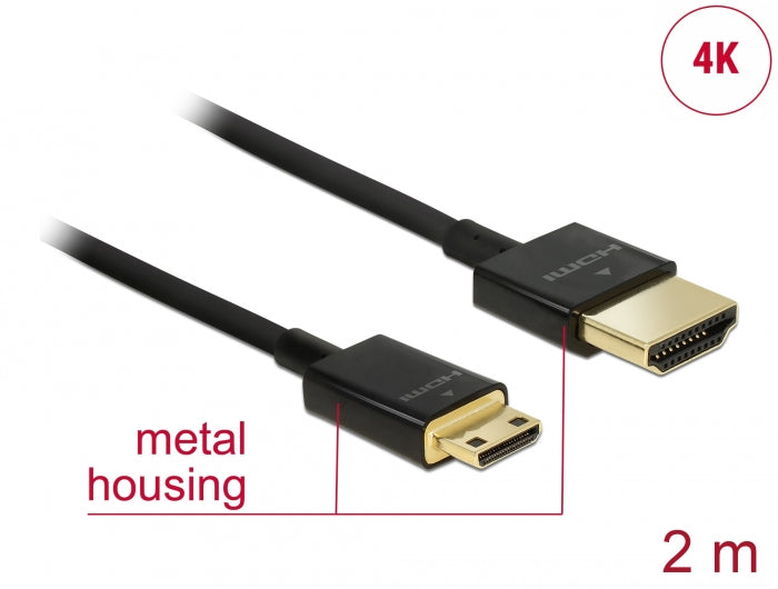 Delock Kabel High Speed HDMI mit Ethernet - HDMI-A Stecker > HDMI Mini-C Stecker 3D 4K 2 m Slim High Quality