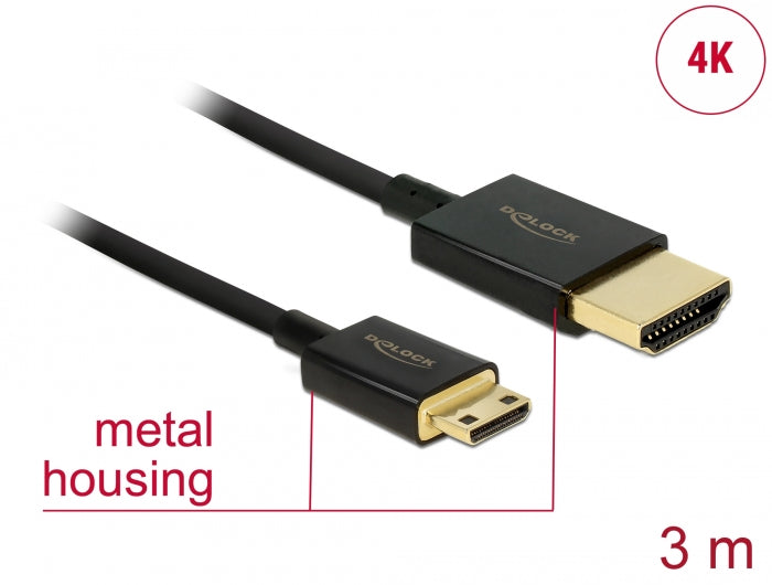 Delock Kabel High Speed HDMI mit Ethernet - HDMI-A Stecker > HDMI Mini-C Stecker 3D 4K 3 m Aktiv Slim High Quality
