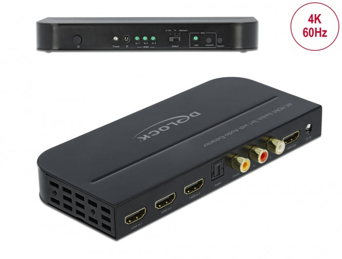 Delock HDMI Switch 3 x HDMI in zu 1 x HDMI out 4K 60 Hz mit Audio Extraktor