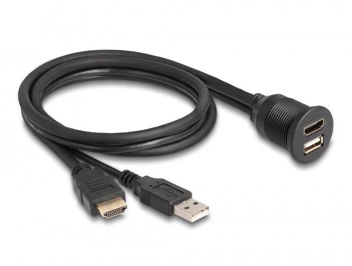 Delock Kabel HDMI-A Stecker und USB 2.0 Typ-A Stecker zu HDMI-A Buchse und USB 2.0 Typ-A Buchse zum Einbau wasserfest 1 m