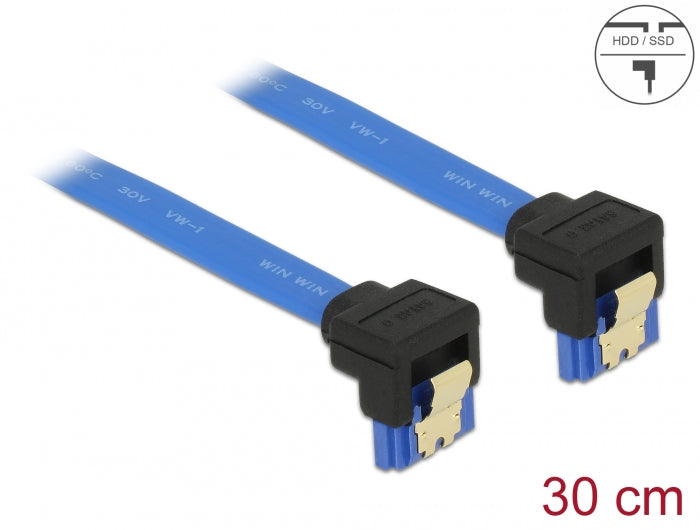 Delock Kabel SATA 6 Gb/s Buchse unten gewinkelt > SATA Buchse unten gewinkelt 30 cm blau mit Goldclips