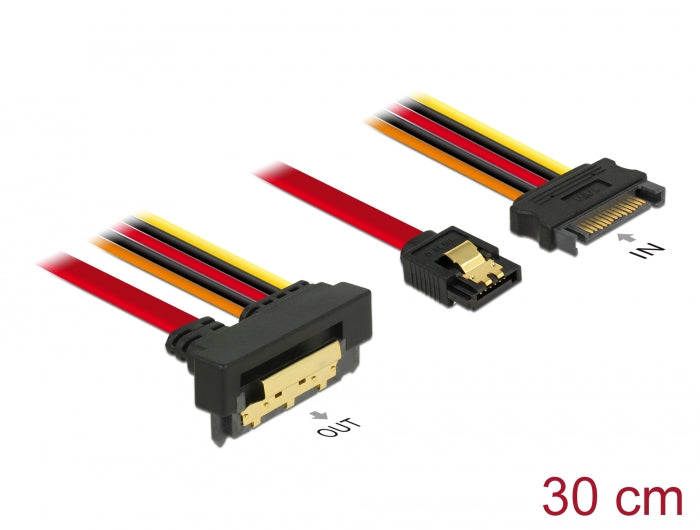 Delock Kabel SATA 6 Gb/s 7 Pin Buchse + SATA 15 Pin Strom Stecker > SATA 22 Pin Buchse unten gewinkelt Metall 30 cm